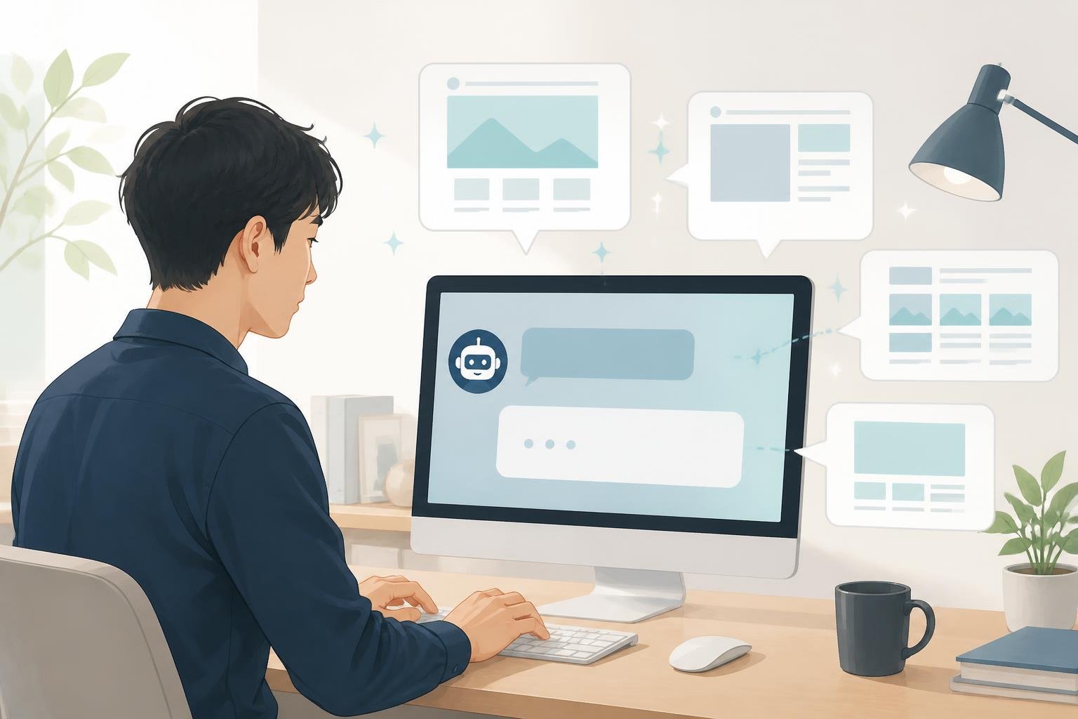 ChatGPTにWEBサイトの要望を伝えている様子のイラスト