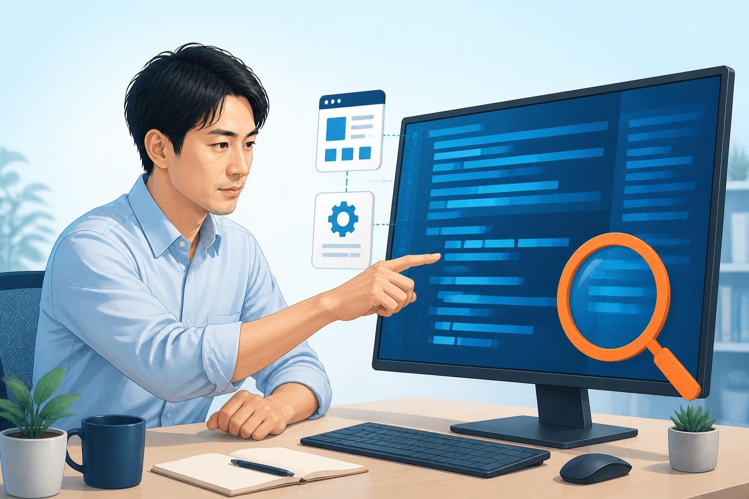 AIが生成したコードをレビューする様子を表したイラスト