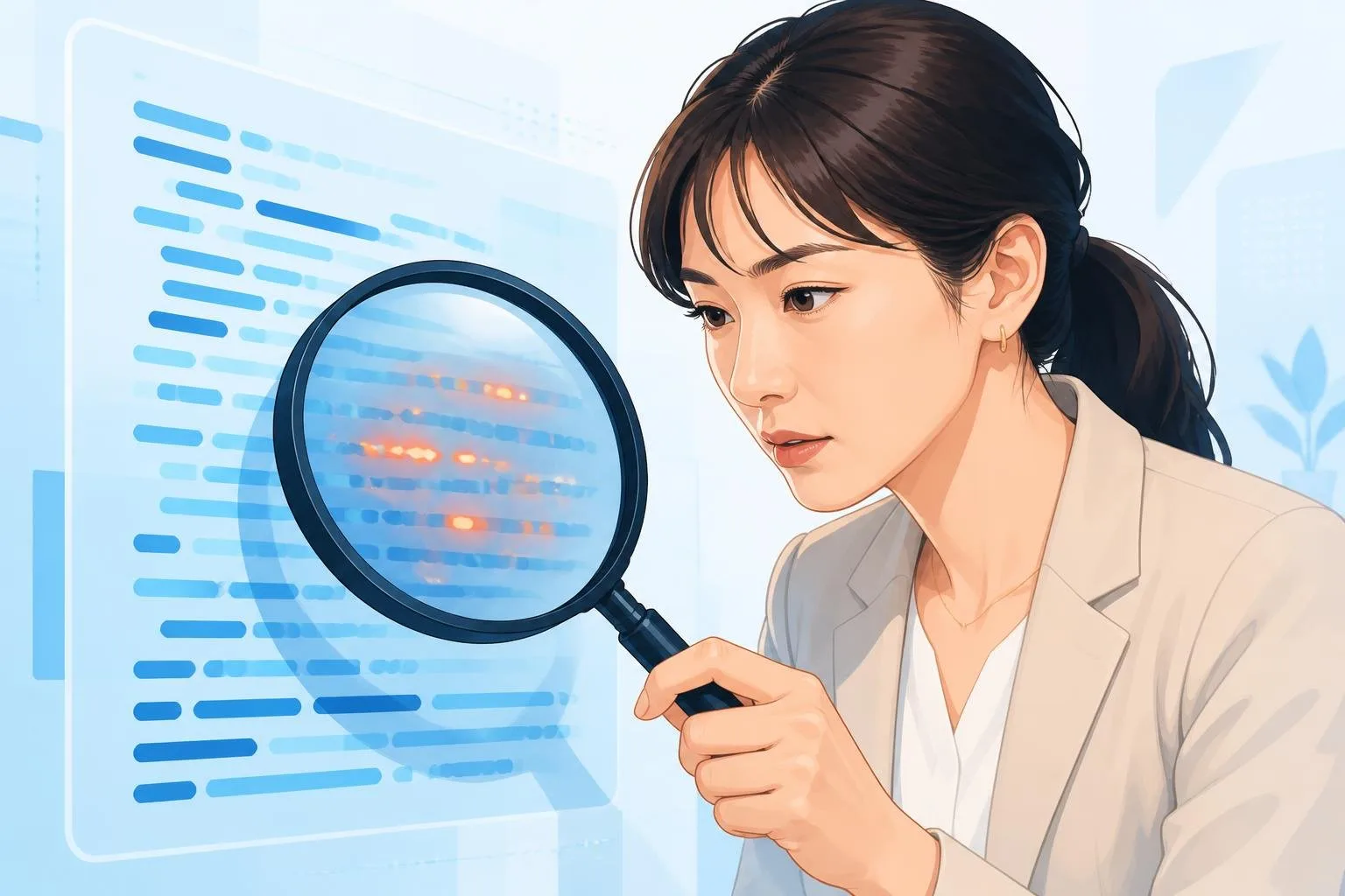 コードの中に隠れた不可視文字を虫眼鏡で確認しているイメージのフラットイラスト