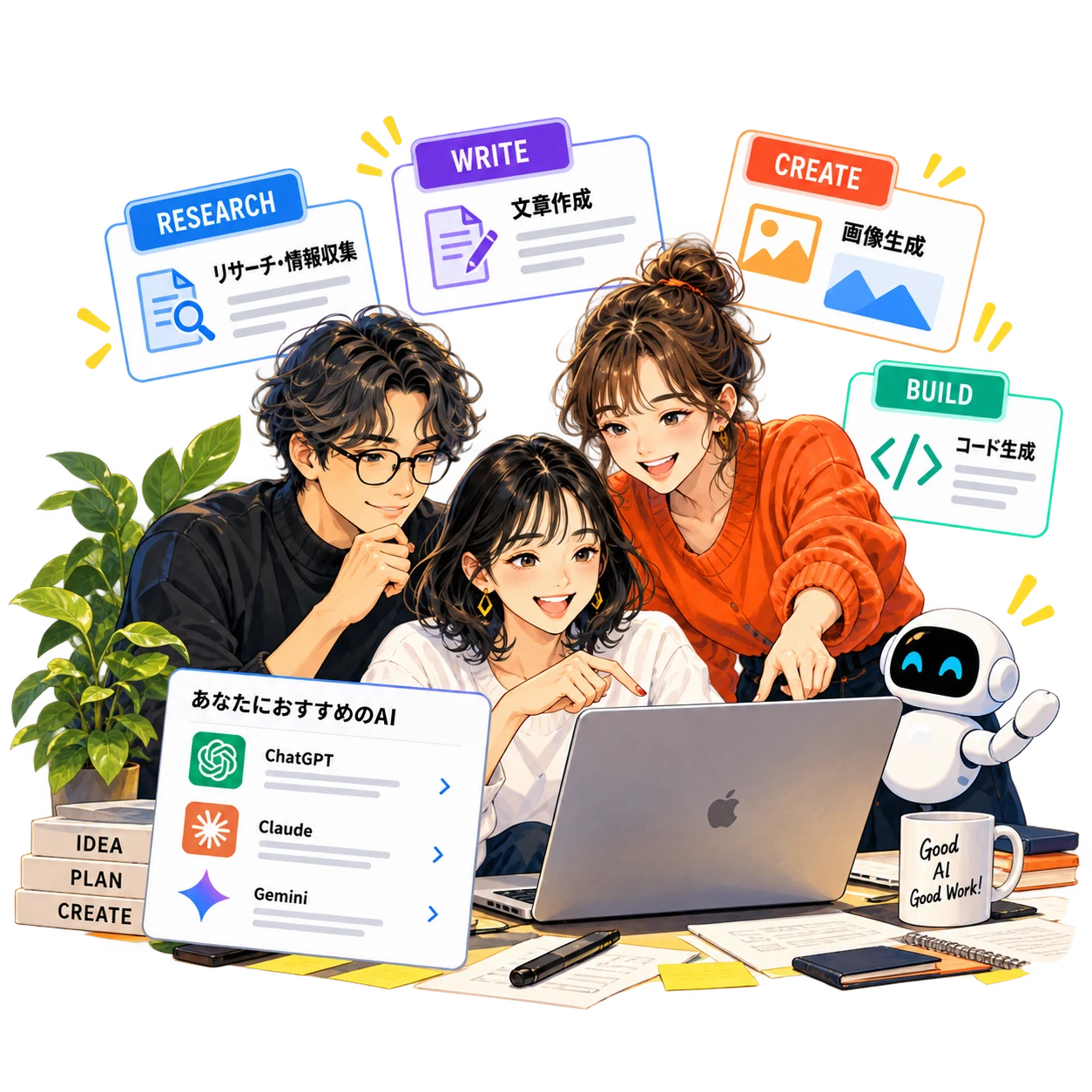 ノートパソコンを囲んで制作を楽しむ3人と小さなAIロボット。調査・文章・画像・コードの用途から相棒を探します。