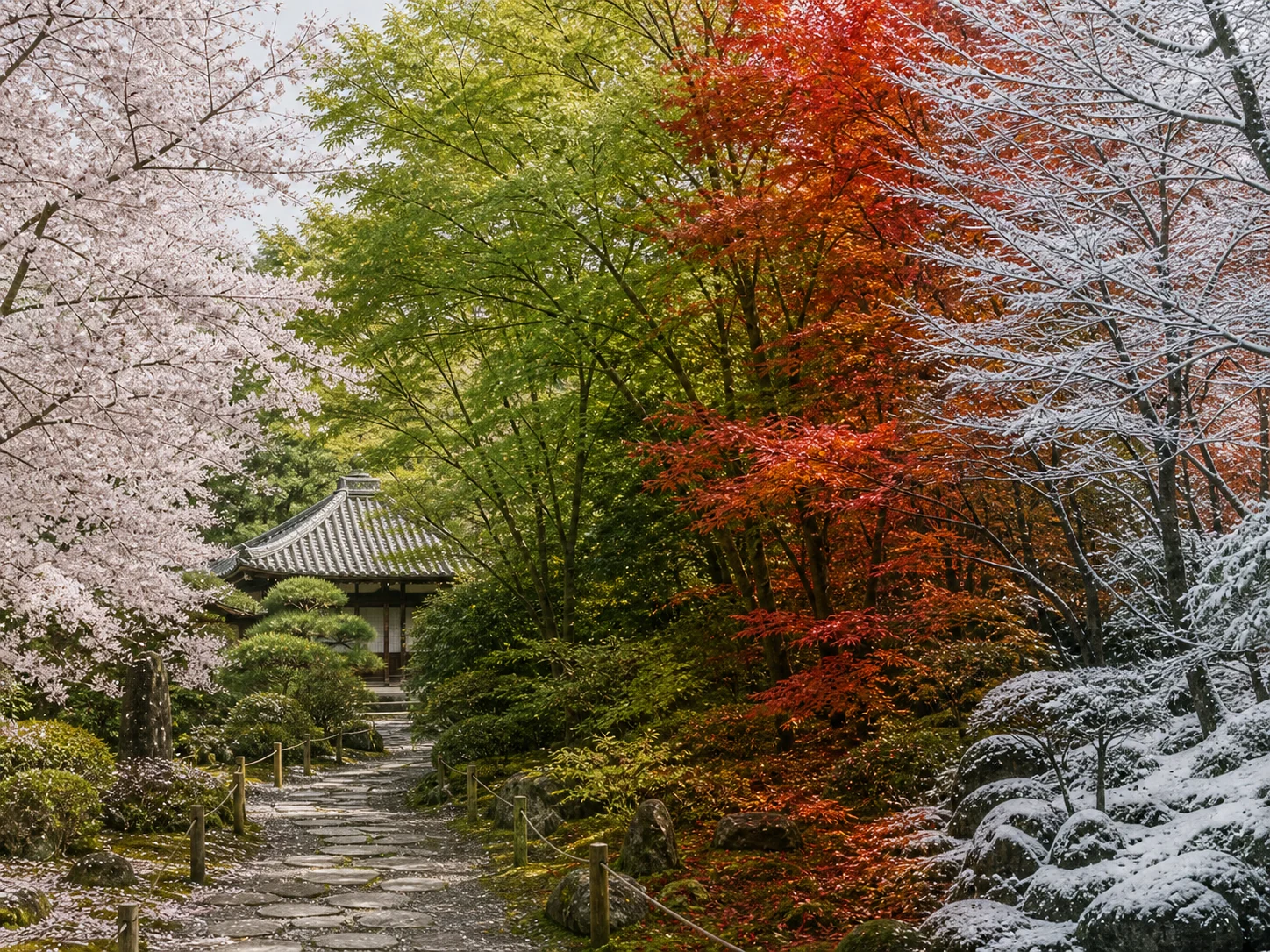 桜、新緑、紅葉、雪が移ろう京都の庭