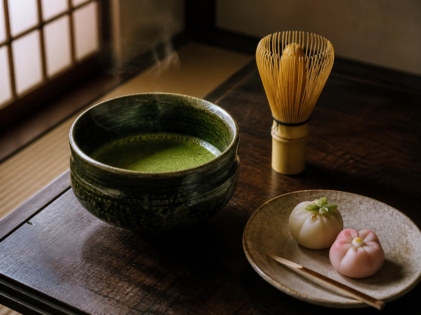 宇治抹茶と茶筅、季節の和菓子