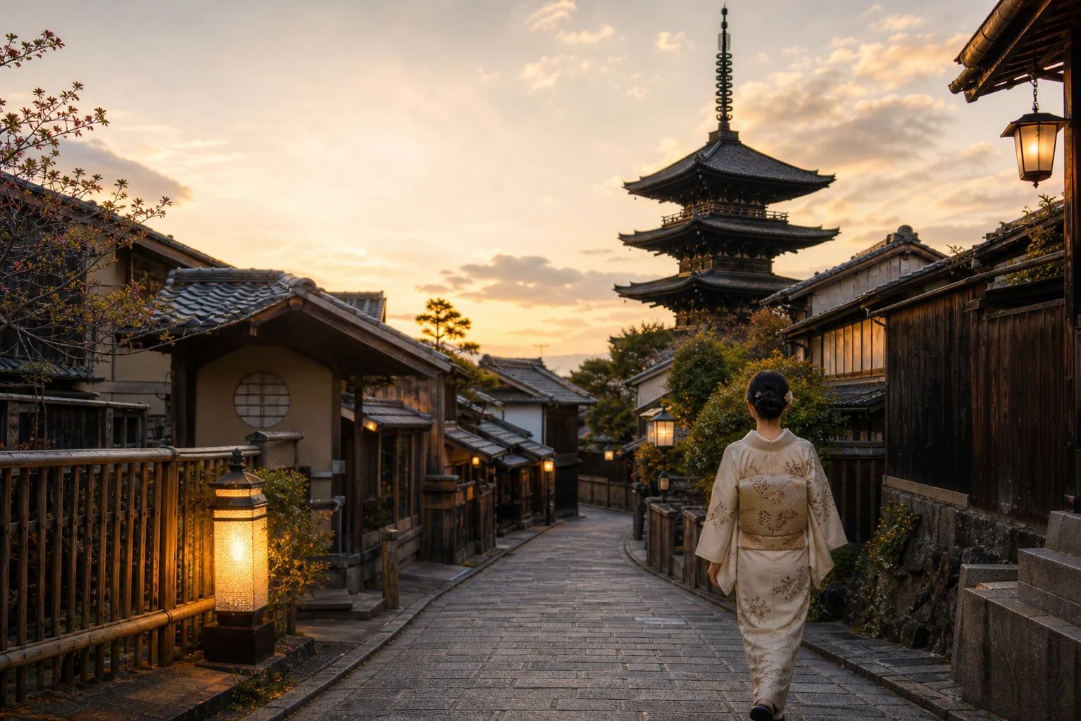夕暮れの東山を着物姿で歩く人と八坂の塔