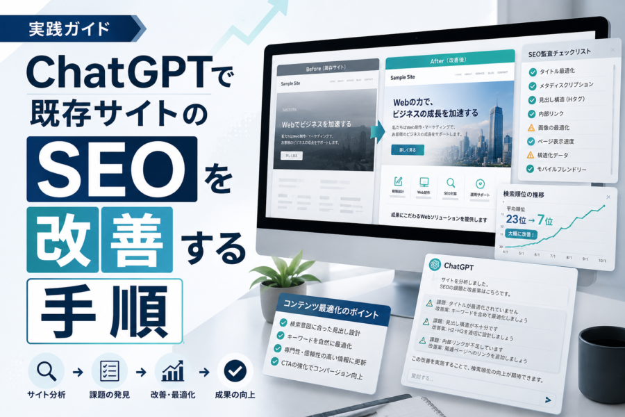 ChatGPTでHTMLをSEO対策する方法|既存サイトの改善手順を解説のアイキャッチ画像