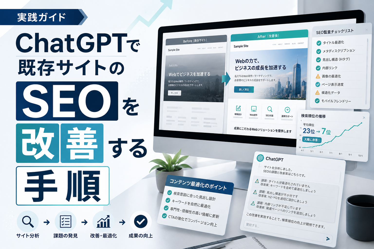 ChatGPTでHTMLをSEO対策する方法|既存サイトの改善手順を解説のアイキャッチ画像