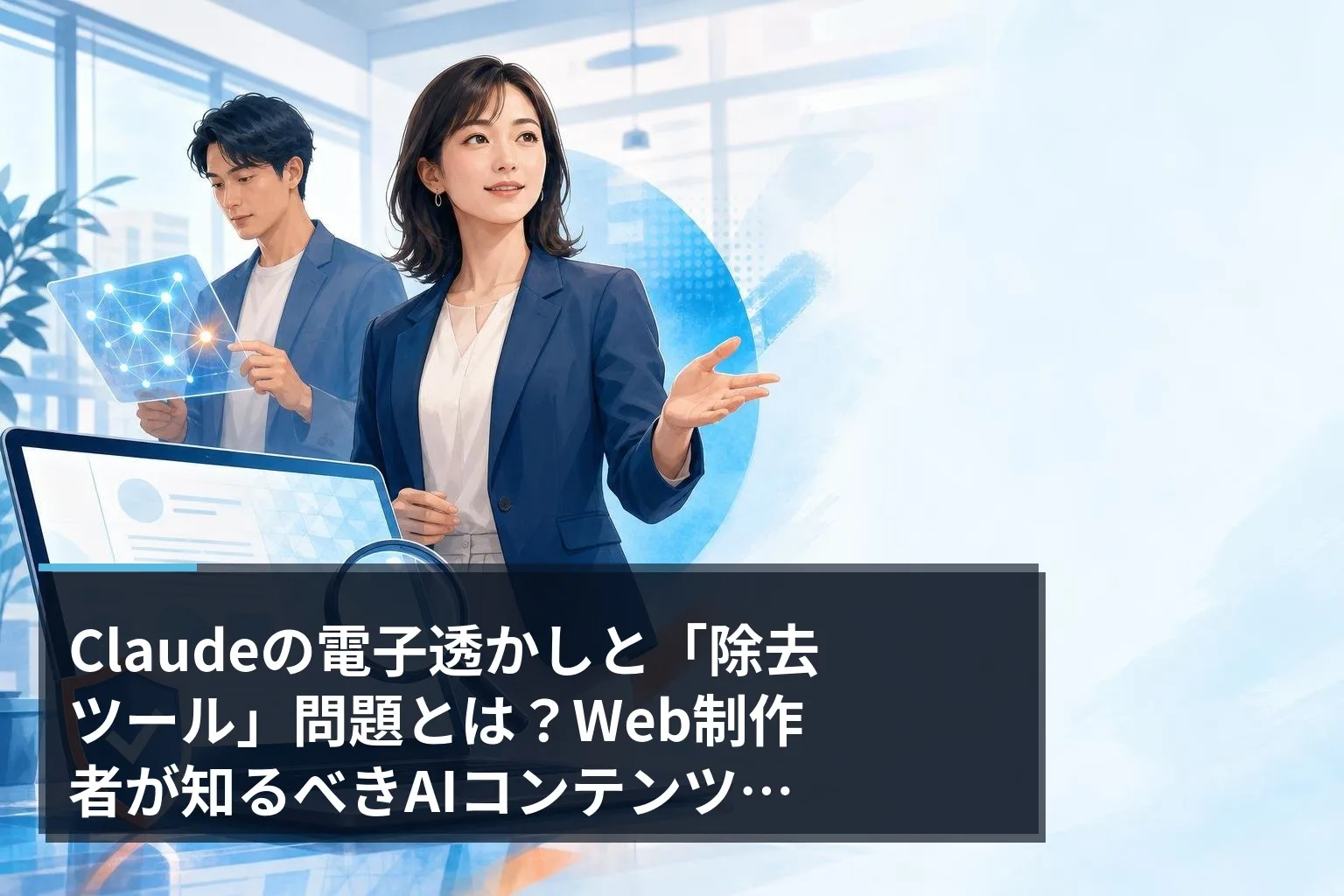 AI生成コンテンツの電子透かしをイメージしたフラットイラスト