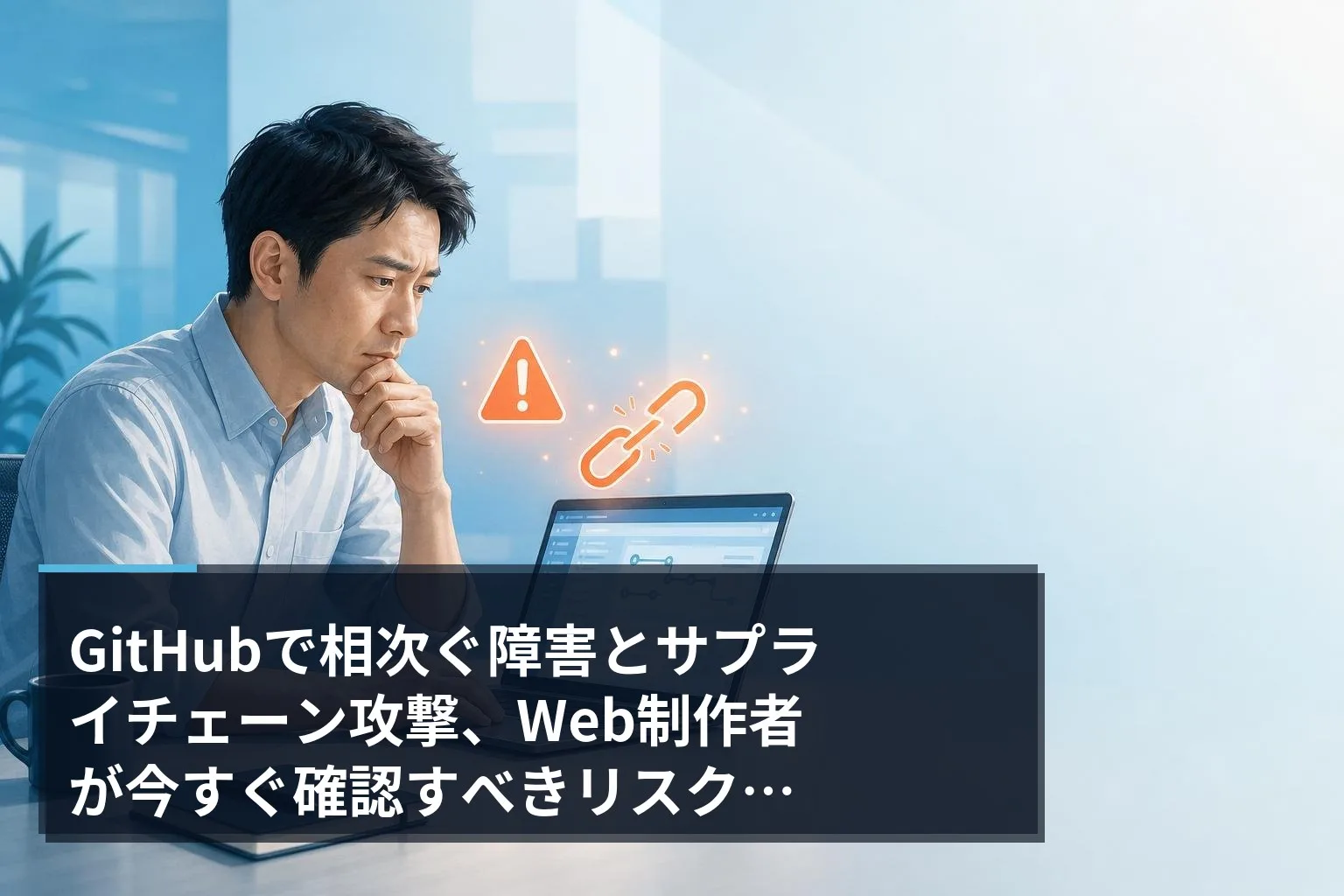 ノートパソコンでコードリポジトリを確認しながら警告アイコンを見つめるWeb制作者のフラットイラスト
