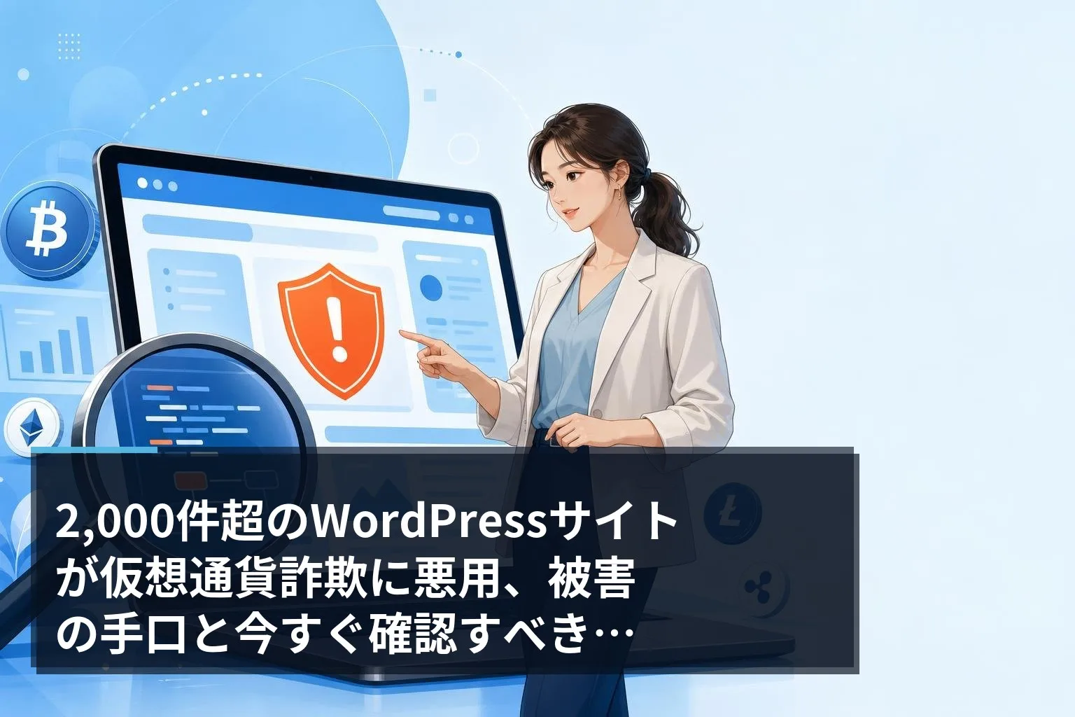 WordPressサイトの改ざんと仮想通貨詐欺への悪用をイメージしたフラットイラスト