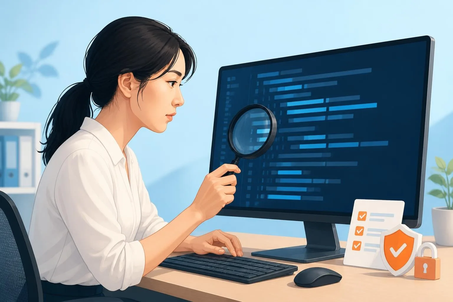 WordPressサイトのソースコードや管理画面を確認して改ざんをチェックしている様子のイラスト