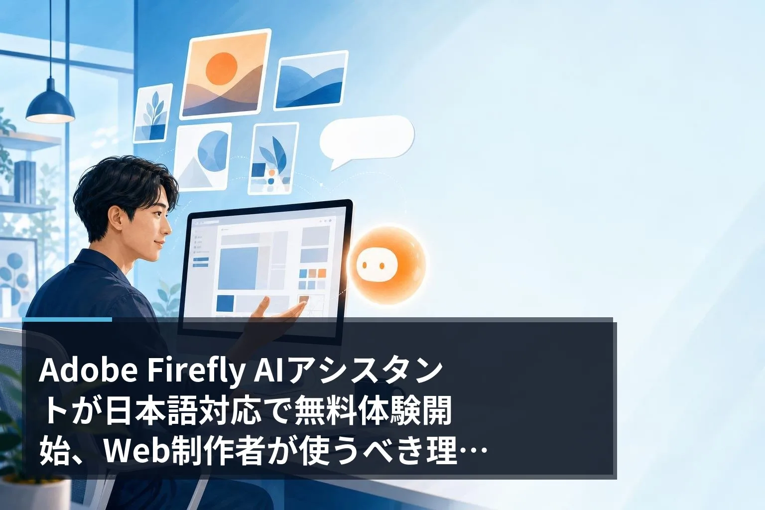 Web制作者がAdobe Firefly AIアシスタントを使って作業しているイメージイラスト
