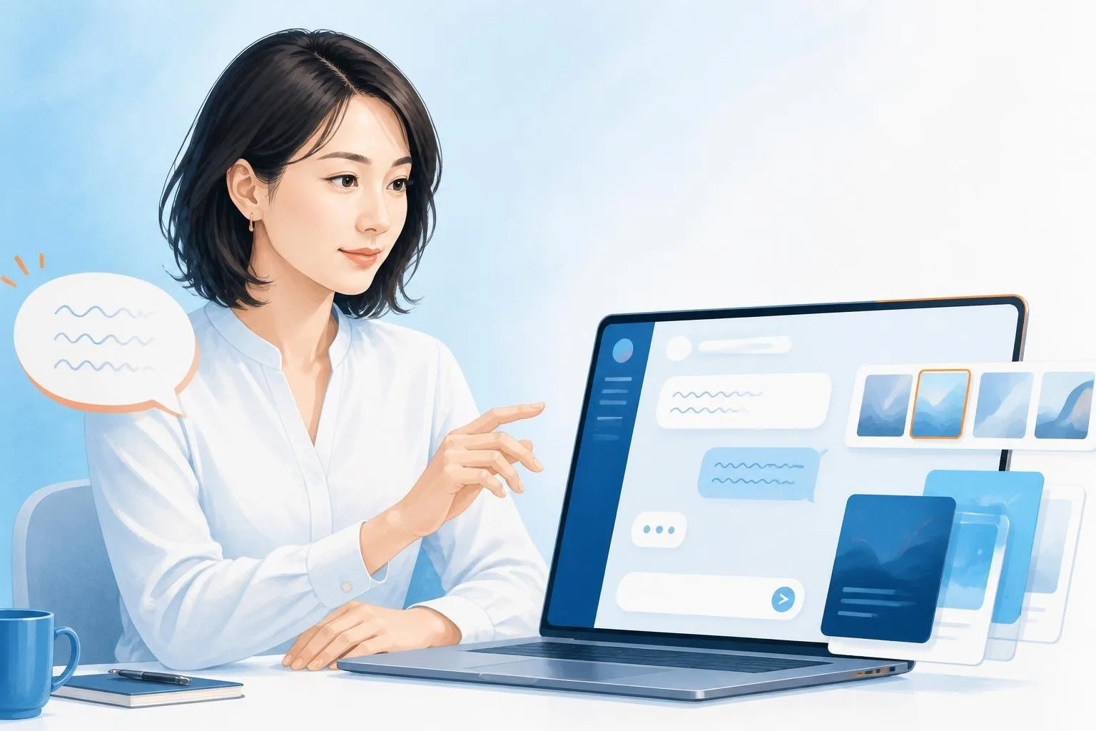 AIアシスタントとチャット形式でやり取りするイメージを表したイラスト
