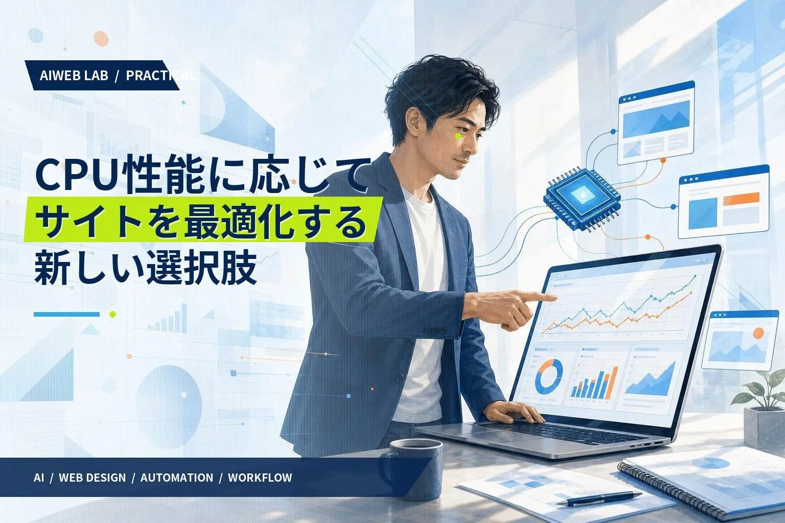 CPU性能とWebサイト最適化のイメージを表したフラットデザインのイラスト
