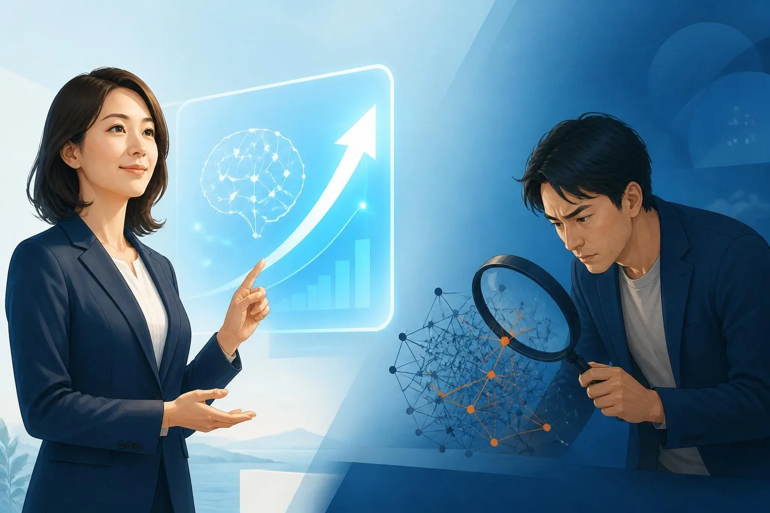 AIの性能向上と監視の難しさを対比したイメージ図