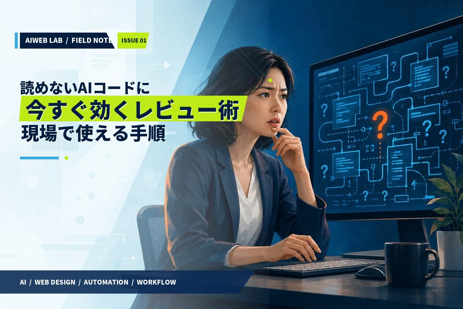AIが生成した複雑なコードを前に困惑するWeb制作者のフラットイラスト