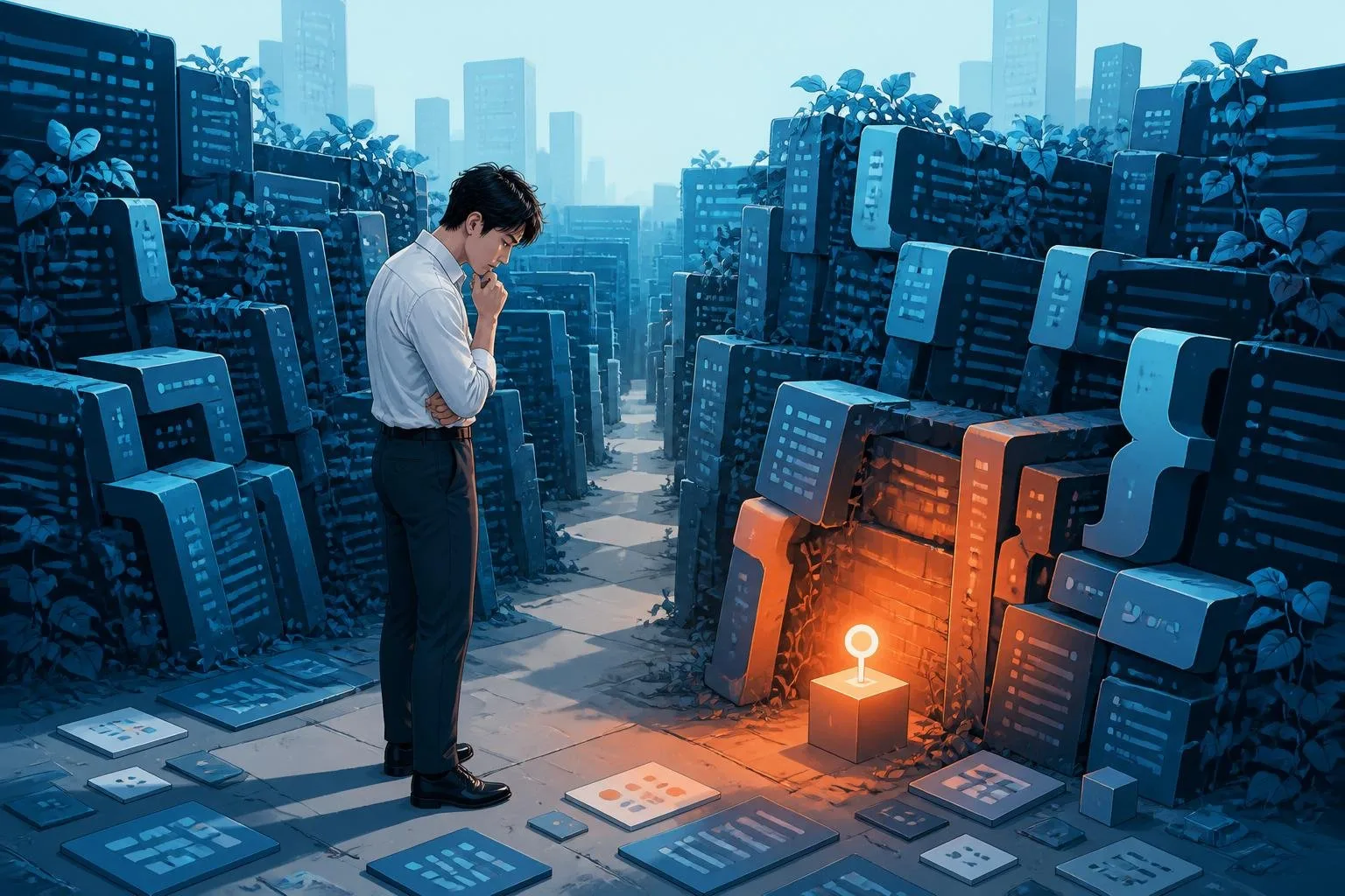 絡み合ったコードが迷路のように積み重なっていく様子を表すイラスト