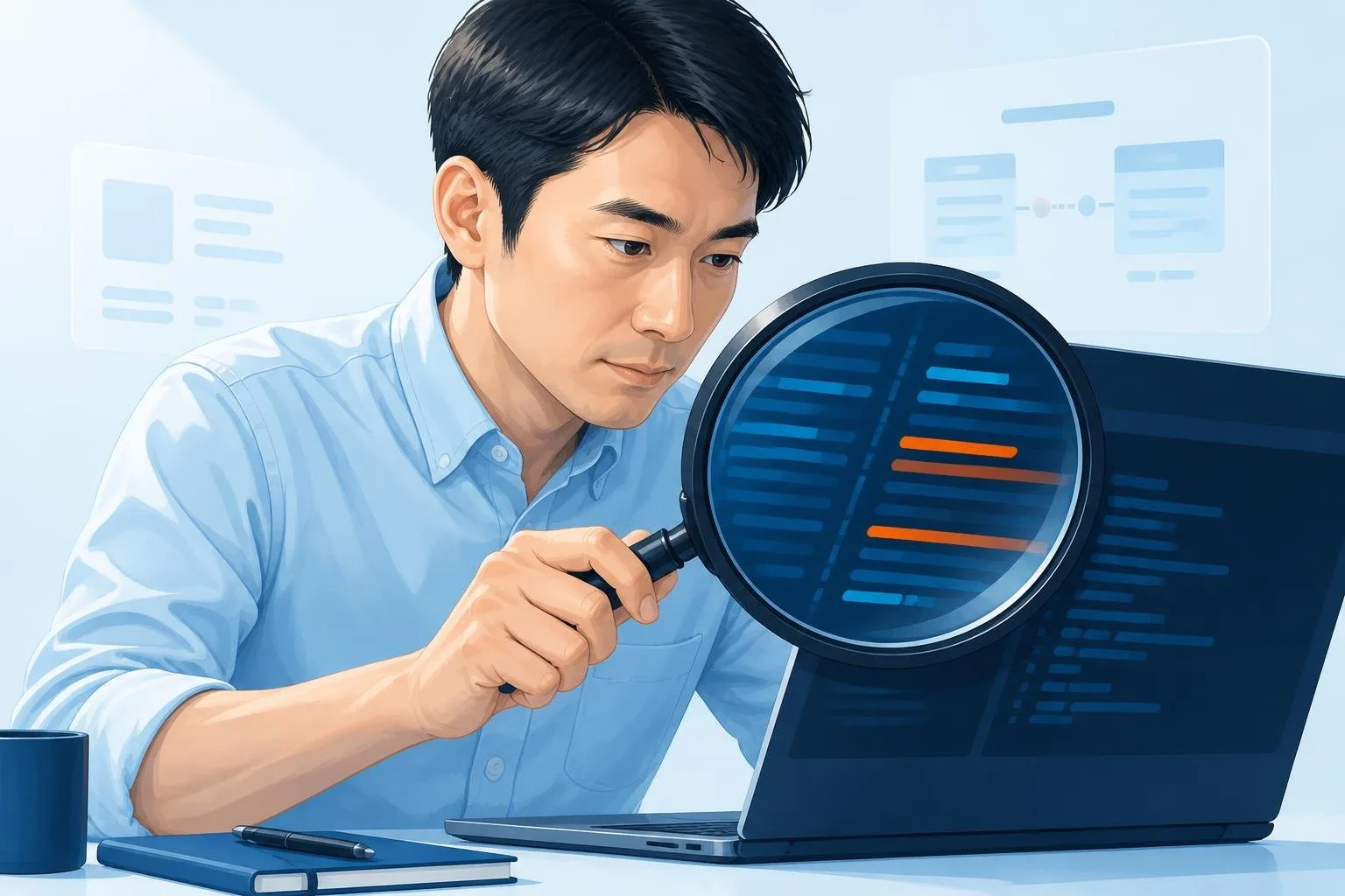 虫眼鏡でコードの差分を丁寧に確認する人物のフラットイラスト